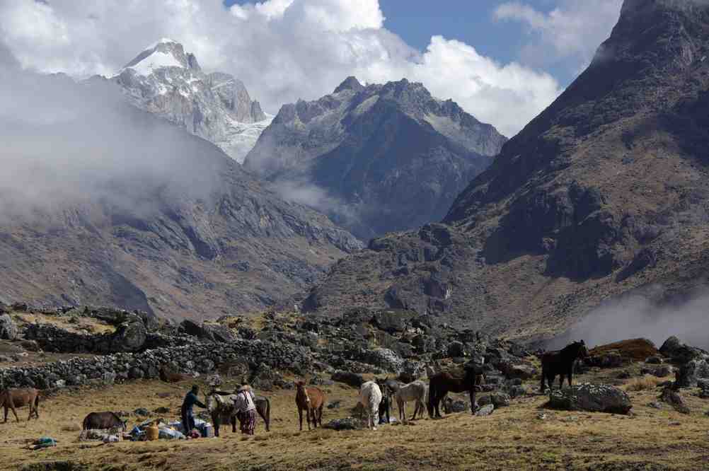 Le camp de Charolpaya, le 5 août 2008 (vue sur le Calzada 5650 m)