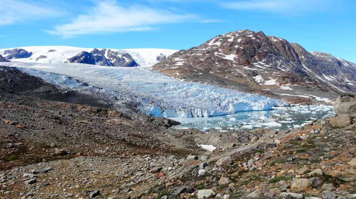 Le glacier Hann vêlant des icebergs dans le fjord Petersen, le 14 juillet 2014 (photo : Corinne DAVID) Le glacier Hann vêlant des icebergs dans le fjord Petersen, le 14 juillet 2014 (photo : Corinne DAVID)