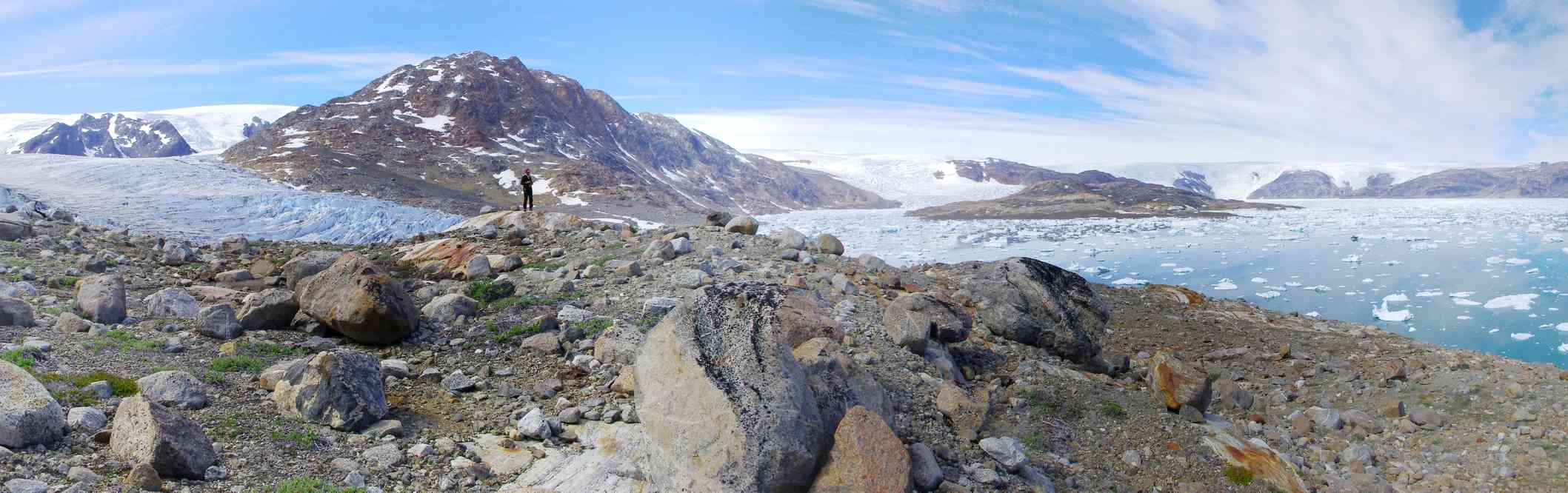 Point de vue sur le fjord Petersen, le 14 juillet 2014. À gauche le glacier Hann, au fond au centre le glacier Brückner. Photo : Corinne DAVID