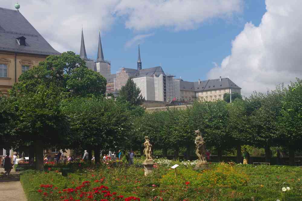 La roseraie de la Neue Residenz, le 9 août 2023. Au fond le Michaelsberg (église en restauration)