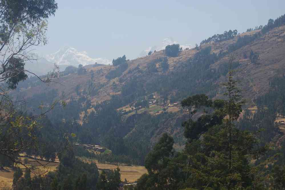 Environs de Huaraz ; randonnée en cordillère Noire. Vue à gauche sur le Nevado Huantsán 6369 m et à droite sur le Nevado Cashan 5716 m, le 17 août 2024